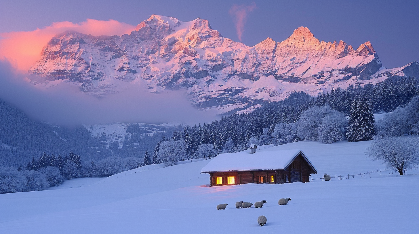 Vast Swiss alpine panorama at dusk with alpenglow on snow peaks, a chalet with glowing windows and grazing sheep