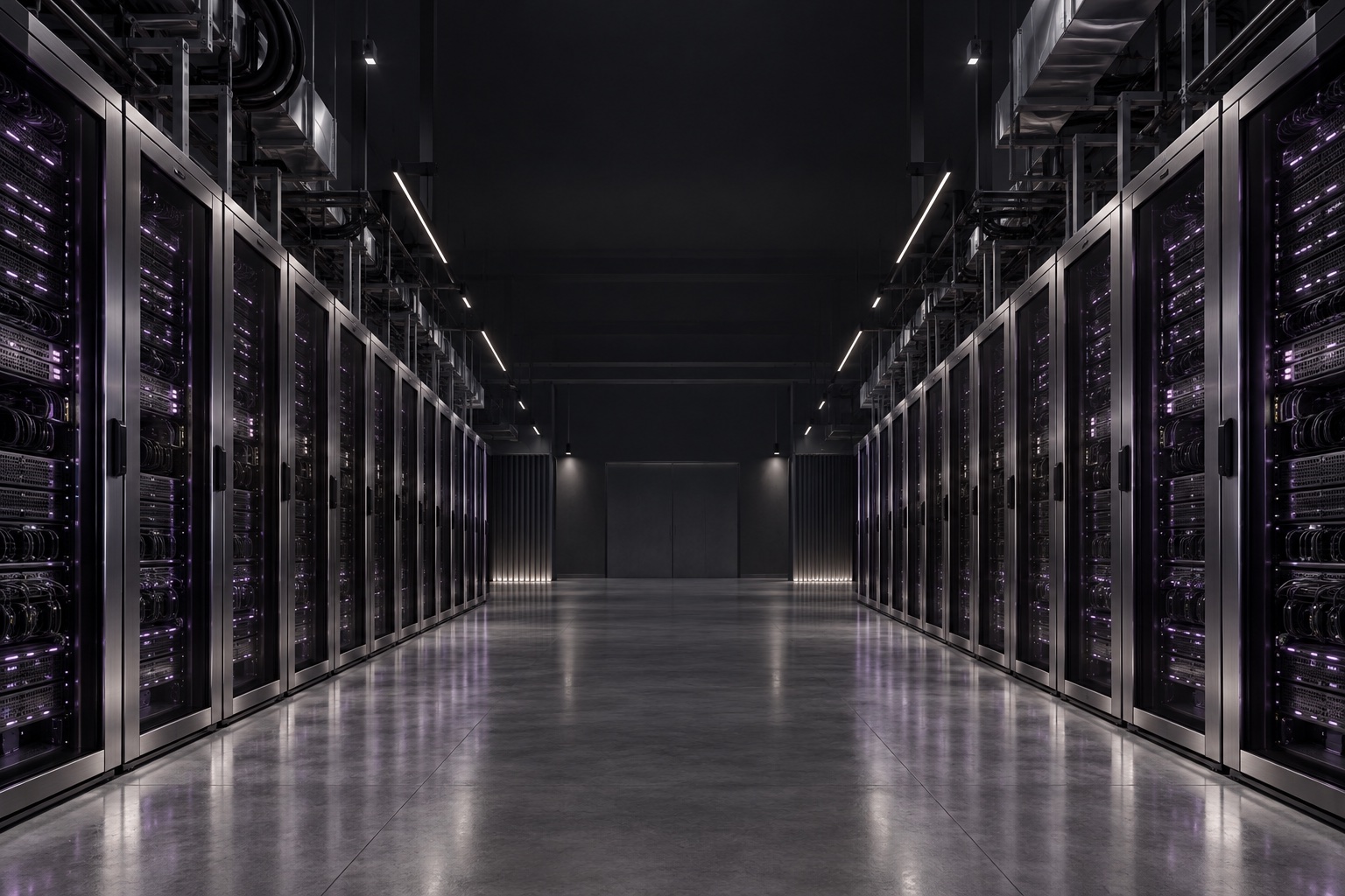 Conceptual AI data centre with metal server racks and violet lighting